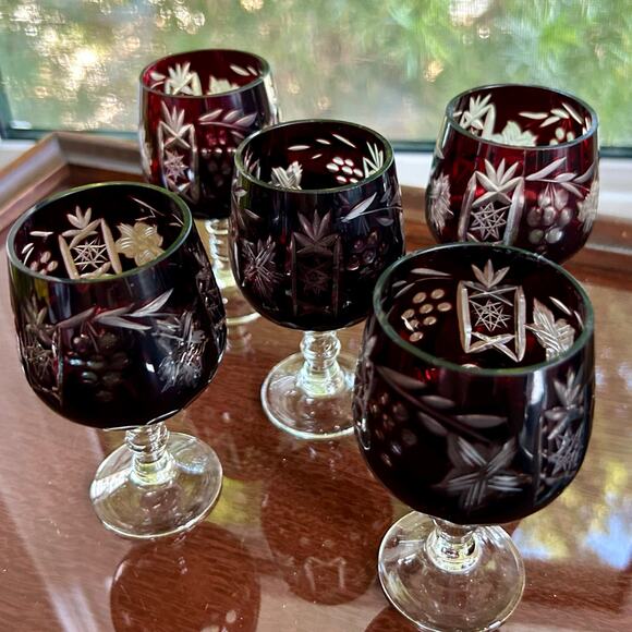 Set of 5 Vintage Cranberry Cut-to-Clear Bohemian-Style Cordial Glasses - Picture 1 of 13